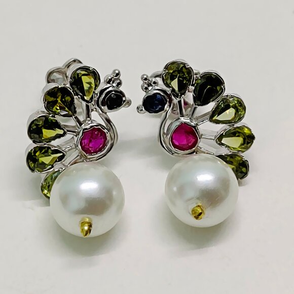 Sterling Silver Peacock Shape Indian Embedded Tourmaline Pearl Handmade Earrings - Picture 3 of 4
